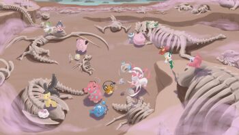 alpacapala beach carbink clefairy cottonee dancing day dedenne dragonite floette full_body gen_1_pokemon gen_2_pokemon gen_3_pokemon gen_4_pokemon gen_5_pokemon gen_6_pokemon happy haxorus highres hydreigon jigglypuff kirlia klefki lying marill mawile mime_jr. nintendo no_humans on_back on_floor outdoors pokemon pokemon_(creature) sad salamence skeleton snubbull spritzee standing swirlix sylveon tears togepi tyrantrum wasteland