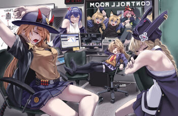 6+girls absurdres ammunition anger_vein animal_ears animal_hat arms_up arrow_(symbol) bare_legs belt_pouch black_gloves black_pantyhose black_ribbon blonde_hair blue_eyes blue_hair blue_hat blue_jacket blue_skirt blue_sleeves body_armor bomber_jacket braid breasts bulletin_board cat_ears chair chtv clock clone closed_eyes closed_mouth commentary computer computer_keyboard computer_mouse computer_tower crossed_arms crossed_legs demon_horns detached_sleeves digital_clock dp-12_(girls'_frontline) english_commentary english_text eyewear_on_head false_smile fangs fax_machine feet fingerless_gloves fingernails girls'_frontline gloves goggles goggles_on_head hair_between_eyes hair_ornament hair_ribbon hairband hairclip hat hat_ornament highres horned_hat horns idw_(girls'_frontline) idw_(mod3)_(girls'_frontline) indoors jacket large_breasts locker long_hair long_sleeves looking_at_viewer lying m870_(girls'_frontline) mechanical_tail mole mole_under_eye monitor multiple_girls necktie no_headwear no_shoes office_chair official_alternate_costume open_mouth orange_goggles pantyhose paper phone photo_(object) pink_hair pleated_skirt police police_badge police_hat pouch power_strip rabbit_hat red_eyes red_necktie ribbon security_camera sheriff_badge shirt shoes short_necktie shotgun_shell sideboob sig_mcx_(girls'_frontline) sitting sitting_backwards skirt sleeping sleeveless sleeveless_jacket sleeveless_sweater sleeves_rolled_up small_breasts smile soles sr-3mp_(girls'_frontline) sticky_note stretching super-shorty_(girls'_frontline) sweater sweater_vest swivel_chair tail tears teeth trait_connection twintails two_side_up typo unworn_shoes upper_teeth_only very_long_hair white_hairband white_shirt white_sweater window yellow_shirt yellow_sweater_vest