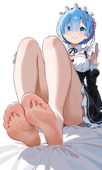 1girl absurdres bare_legs barefoot bed_sheet black_dress black_ribbon blue_eyes blue_hair blunt_ends blush bob_cut closed_mouth commentary convenient_leg dress feet foot_focus frilled_dress frills full_body hair_between_eyes hair_ornament highres knees_up legs looking_at_viewer maid maid_headdress neck_ribbon payetvore re:zero_kara_hajimeru_isekai_seikatsu rem_(re:zero) ribbon roswaal_mansion_maid_uniform shadow short_hair simple_background sitting smile soles solo thighs toes twitter_username white_background x_hair_ornament
