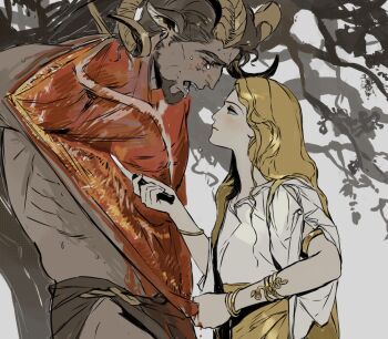 2boys ancient_greek_clothes androgynous animal_ears apollo_(mythology) arms_up blonde_hair blood blood_on_clothes bracelet brown_hair brown_loincloth closed_mouth crying dark-skinned_male dark_skin drooling exposed_muscle facial_hair flayed_skin from_side goat_horns goatee gold_bracelet greco-roman_clothes greek_mythology guro highres holding holding_knife horns jewelry knife loincloth long_hair looking_at_another male_focus marsyas_(mythology) mature_male mouth_drool multiple_boys muscular muscular_male open_mouth robe rora_(auroradiation) satyr simple_background skinned sweat tree upper_body white_background white_robe yellow_eyes