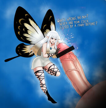 1boy 1girl airy_(bravely_default) bar_censor bravely_default:_flying_fairy bravely_default_(series) butterfly_wings censored dress english_text fairy femdom fisting flanc20 hetero highres insect_wings long_hair male_urethral_insertion mini_person minigirl penis pointy_ears sex size_difference sleeveless sleeveless_dress solo_focus sounding teasing urethral_insertion veins veiny_penis white_dress white_hair wings