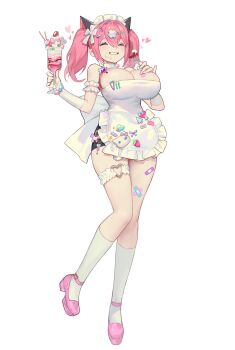 1girl absurdres apron bandaid bandaid_on_breast bandaid_on_leg blush breasts cleavage closed_eyes commentary_request cross_hair_ornament crossed_bandaids cup double-parted_bangs eating food food_on_face fork frilled_apron frills fruit full_body grin hair_between_eyes hair_ornament heart heart_o-ring high_heels highres holding holding_cup holding_fork ice_cream kneehighs large_breasts marshmallow o-ring original pill_hair_ornament pink_hair pink_shoes pocky sattan_(u_rara) shoes simple_background smile socks solo standing strawberry thigh_strap twintails white_apron white_background white_socks x_hair_ornament