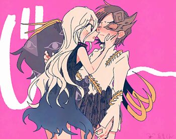 2girls asymmetrical_wings blush bone brown_mask closed_eyes dinosaur_skeleton dress gradient_sash hair_between_eyes half_mask imminent_kiss itomugi-kun iwanaga_ariya long_hair_between_eyes looking_at_another mask mask_over_one_eye multiple_girls play_button ribbon_around_body signature skeletal_clothes skeletal_tail skeletal_wings snake snake_wrapped_around_body spinal_cord tail torn_clothes torn_dress touhou turtleneck turtleneck_dress wings yuiman_asama yuri