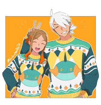 1girl brown_hair closed_eyes friede_(pokemon) gen_3_pokemon hair_ornament hair_over_one_eye hand_in_pocket hinata_(ryohinata) long_hair long_sleeves marshtomp nintendo open_mouth orange_hair orla_(pokemon) parted_bangs pokemon pokemon_(anime) pokemon_horizons shirt short_hair sidelocks smile sweater upper_body v white_hair