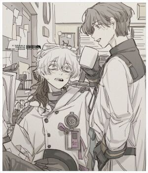 Rule 34 | 1girl, 1other, bulletin board, coat, coffee mug, cup, from side, greyscale, gyujik qzc, hand on own hip, hand up, highres, holding, holding cup, id card, indoors, looking at another, looking up, medicine pocket, medium hair, monochrome, mug, open mouth, profile, reverse:1999, short hair, spot color, upper body, x (reverse:1999)