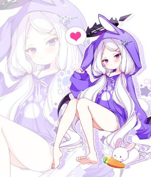 1girl :&lt; alternate_costume alternate_hairstyle animal_ears animal_hood ass bare_legs barefoot black_halo blue_archive blush bra_strap carrot commentary_request demon_girl demon_wings dolphin_shorts dot_nose fake_animal_ears fake_tail feet forehead hair_ornament hair_tubes hairclip halo hand_up head_tilt heart highres hina_(blue_archive) hood hooded_sweater knees_together_feet_apart knees_up loli long_hair long_sleeves looking_at_viewer low_twintails multicolored_halo nail_polish off_shoulder parted_bangs paw_hair_ornament paw_print print_sweater purple_eyes purple_nails purple_shorts purple_sweater rabbit rabbit_ears rabbit_hood rabbit_tail short_shorts shorts sidelocks simple_background single_bare_shoulder sitting sleeves_past_wrists soles solo spaghetti_strap spoken_heart stuffed_animal stuffed_rabbit stuffed_toy subin_(subin_2011) sweater tail tilted_head toenail_polish toenails toes twintails two-tone_halo very_long_hair wavy_hair white_hair wings zoom_layer