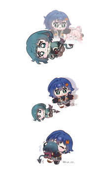 3girls :3 :d :o ^_^ animal_ears black_gloves black_shorts blunt_bangs blush brown_thighhighs closed_eyes closed_mouth commentary dot_nose fingerless_gloves flying_sweatdrops fur-trimmed_sleeves fur_trim gloves green_eyes green_hair grey_jacket hair_ornament highres hue_oo hug jacket jane_doe_(zenless_zone_zero) letter_hair_ornament long_sleeves lying mouse_ears mouse_girl mouse_tail multiple_girls on_side open_mouth short_hair shorts simple_background smile symbol-only_commentary tail thighhighs torn_clothes torn_thighhighs twitter_username white_background zenless_zone_zero zhao_(zenless_zone_zero)