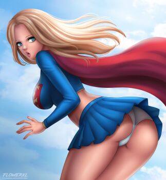 1girl artist_logo blonde_hair blue_eyes blue_skirt breasts cape comic_book_character curvy day dc_comics deviantart_username female_focus flowerxl from_side highres kara_danvers kara_zor-el kryptonian logo long_hair medium_breasts panties pink_lips red_cape scared scared_expression skirt sky straight_hair supergirl superhero_costume superman_(series) thick_thighs thighs underwear white_panties