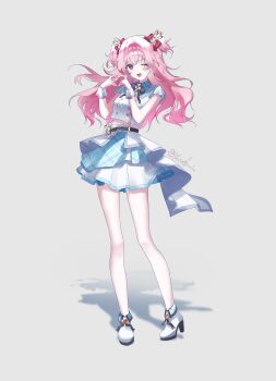 Rule 34 | 1girl, ;d, absurdres, ankle boots, bare arms, bare legs, belt, black belt, black bow, black bowtie, boots, bow, bowtie, breasts, buttons, cat ear heart hands, clover brooch, clover hair ornament, commentary, dot nose, double-breasted, fang, fold-over boots, four-finger heart hands, full body, grey background, hair between eyes, hair bow, hair ornament, hands up, heart, heart hands, high heels, highres, idol, idol clothes, jacket, johyang e, layered skirt, light blush, long hair, looking at viewer, medium breasts, midriff peek, momoi airi, one eye closed, open mouth, overskirt, pink eyes, pink hair, plaid clothes, plaid collar, plaid skirt, project sekai, red bow, shadow, short sleeves, sidelocks, simple background, skirt, smile, solo, standing, twitter username, two side up, white boots, white jacket, white skirt, white wrist cuffs, wing hair ornament, wrist cuffs