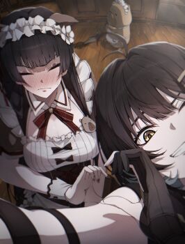 2girls absurdres animal_ears antenna_hair black_gloves black_hair blush breasts brown_dress chisa_(wuthering_waves) cleavage closed_eyes closed_mouth commentary dress fake_animal_ears female_rover_(wuthering_waves) fingernails gloves grin hair_intakes heart heart_hands heart_hands_duo highres hosun indoors long_hair looking_at_viewer maid_headdress medium_breasts multiple_girls nail_polish namipon_(wuthering_waves) partially_fingerless_gloves red_nails rover_(wuthering_waves) smile wuthering_waves yellow_eyes