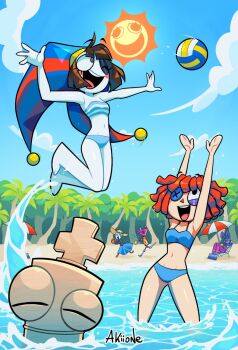 animal_ears ball beach bikini blue_bikini blue_skirt blue_sky blush_stickers brown_hair closed_eyes cloud commentary english_commentary gangle_(the_amazing_digital_circus) hands_up harlequin hat highres jax_(the_amazing_digital_circus) jester_cap jumping kinger_(the_amazing_digital_circus) long_skirt ocean open_mouth overalls palm_tree playing pomni_(the_amazing_digital_circus) rabbit_boy rabbit_ears ragatha_(the_amazing_digital_circus) ragdoll red_hair running seaside short_hair sidelocks skirt sky smile swimsuit the_amazing_digital_circus tree volleyball volleyball_(object) water yoyochaan zooble_(the_amazing_digital_circus)