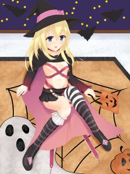 Rule 34 | 1girl, :d, absurdres, arm support, asymmetrical legwear, ayachi nene, ayachi nene (cosplay), bat (animal), belt, belt bra, belt collar, black boots, black cape, black hat, black skirt, blonde hair, blue eyes, blush, boots, breasts, cape, chitose sana, collar, collarbone, commentary, company connection, cosplay, detached sleeves, eyes visible through hair, fingernails, frilled socks, frills, full body, ghost, hair between eyes, hair down, halloween, hat, hat ribbon, highres, indoors, jack-o'-lantern, kneehighs, knees up, leaning back, long hair, looking ahead, looking at viewer, miniskirt, mismatched legwear, navel, on floor, open mouth, pink belt, pink cape, pink ribbon, pleated skirt, reiji tsukimi, revealing clothes, ribbon, sanoba witch, sidelocks, single sock, single thighhigh, sitting, skirt, small breasts, smile, socks, solo, stomach, striped clothes, striped thighhighs, tenshinranman, thighhighs, thighs, two-sided cape, two-sided fabric, white socks, wide sleeves, witch hat, yuzusoft