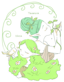 2girls animal bare_arms bare_shoulders bird character_name closed_eyes divine_being eyelashes female_focus flower green_hair hair_flower hair_ornament large_ears multiple_girls parted_bangs pink_flower pixiv_id_1298298 plant pointy_ears simple_background the_silmarillion tolkien&#039;s_legendarium vana_(silmarillion) white_background yavanna