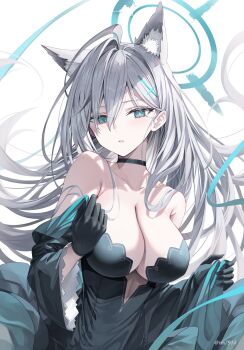 1girl absurdres ahoge animal_ear_fluff animal_ears bare_shoulders black_choker black_dress black_gloves blue_archive blue_eyes breasts broken_halo choker cleavage commentary cross cross_hair_ornament dress extra_ears gloves grey_hair hair_between_eyes hair_ornament halo highres inverted_cross large_breasts long_hair looking_at_viewer mismatched_pupils parted_bangs rin_yuu shiroko_terror_(blue_archive) simple_background solo strapless strapless_dress very_long_hair white_background wide_sleeves wolf_ears wolf_girl