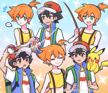 1boy 1girl :d artist_request ash_ketchum backpack bag baseball_cap black_hair blue_jacket blush brown_eyes charm_(object) closed_eyes collarbone denim denim_shorts fishing_rod flying_sweatdrops gen_1_pokemon green_bag green_eyes hat highres holding holding_fishing_rod holding_poke_ball jacket misty_(pokemon) navel nintendo on_shoulder open_mouth orange_hair pikachu poke_ball poke_ball_(basic) pokemon pokemon_(anime) pokemon_journeys pokemon_swsh138 ponytail shirt short_hair short_sleeves shorts side_ponytail sleeveless sleeveless_jacket sleeveless_shirt smile source_request sparkle spoken_blush suspenders t-shirt teeth white_shirt yellow_shirt