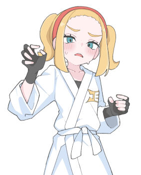 1girl black_gloves blonde_hair blush collarbone commentary_request dougi eyelashes fingerless_gloves frown gloves green_eyes hairband josee_(pokemon) looking_at_viewer nintendo open_mouth pokemon pokemon_legends:_z-a red_hairband shirt sidelocks simple_background solo spacecrab sweat teeth twintails upper_teeth_only white_background