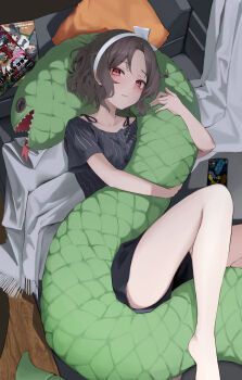 1girl absurdres bare_legs barefoot black_shirt black_shorts blush brown_hair cellphone closed_mouth collarbone commentary_request couch ebizuka_tomo girls_band_cry hairband highres hugging_object indoors korean_commentary looking_at_viewer lying mata_tab1 on_back on_couch parted_bangs phone pillow red_eyes shirt short_hair short_sleeves shorts smartphone solo striped_clothes stuffed_animal stuffed_snake stuffed_toy white_hairband