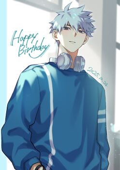 1boy 8_p350 blue_hair blue_sweater dated grey_eyes hand_in_pocket happy_birthday headphones headphones_around_neck highres indoors long_sleeves looking_at_viewer lu_guang male_focus parted_lips shiguang_dailiren shirt short_hair solo sweater upper_body