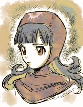 Rule 34 | 1girl, artist name, black hair, blunt bangs, brown background, capelet, closed mouth, cropped torso, dragon quest, dragon quest ii, highres, hood, hood up, hooded capelet, long hair, mouyi, parted bangs, princess of moonbrook, red capelet, red eyes, signature, sketch, solo, upper body
