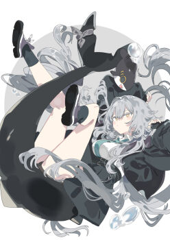 1girl animal black_gloves black_jacket black_skirt black_socks blue_necktie breasts closed_mouth collared_shirt commentary fingerless_gloves fins fish_tail gloves grey_hair hair_between_eyes jacket karei long_hair long_sleeves necktie open_clothes open_jacket rurune_(vrchat) shark shark_girl shark_tail shirt shirt_tucked_in shoes simple_background skirt socks symbol-only_commentary tail very_long_hair vrchat water_drop white_shirt white_shoes yellow_eyes