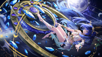 1girl absurdres ancient_greek_clothes armlet bare_shoulders barefoot black_skirt blue_eyes blue_hair breasts cleavage commentary_request dahai_zhijian full_body full_moon gold_bra greco-roman_clothes highres iuno_(wuthering_waves) jewelry laurel_crown leg_wrap long_hair looking_at_viewer medium_breasts moon skirt smile solo tacet_mark_(wuthering_waves) thighs toe_ring twintails vambraces wuthering_waves