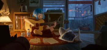 1girl absurdres acoustic_guitar black_eyes blanket blue_hair blue_sky boots bottle brown_boots brown_shirt brown_shorts building cable closed_eyes closed_mouth commentary cup door dot_nose english_commentary glass_door guantanima_ii_(shadches72) guitar highres indian_style indoors instrument kettle lamp looking_at_another medium_hair monasterio_(shadches72) music on_floor on_rug original paper parted_lips phonograph plant playing_instrument plectrum potted_plant railing rain record_jacket rug shadches72 shark sharp_teeth sheet_music shirt short_sleeves shorts sidelighting sitting sky teeth water_bottle window window_blinds