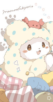 absurdres bear blanket blush_stickers chiko_(chi_p_71) commentary_request highres marumofubiyori no_humans open_mouth paw_print pillow sanrio simple_background star_(symbol) stuffed_animal stuffed_crab stuffed_fish stuffed_toy white_background