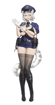 1girl absurdres adjusting_clothes adjusting_gloves animal_ears belt between_breasts bikini black_belt black_bikini black_boots black_necktie black_thighhighs blue_skirt boots bottle breast_cutout breasts commentary english_commentary full_body gloves green_eyes grey_hair hat highres huge_breasts large_breasts legs_together leopard_ears leopard_girl leopard_tail looking_at_viewer lotion_bottle lubrication micro_bikini miniskirt necktie necktie_between_breasts original police police_hat police_uniform policewoman puffy_short_sleeves puffy_sleeves short_hair short_sleeves skindentation skirt smile snow_leopard_ears snow_leopard_girl snow_leopard_tail solo spotted_tail standing strap_gap swimsuit tail thigh_gap thighhighs veksoo white_gloves white_hair wing_collar