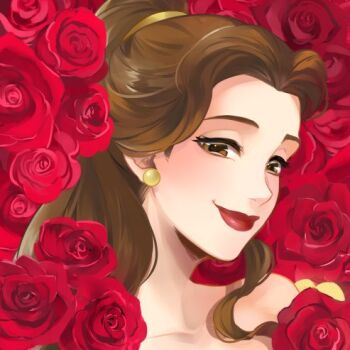 Rule 34 | 1girl, animification, ano (sbee), beauty and the beast (disney), belle (disney), brown eyes, brown hair, dress, earrings, flower, jewelry, lips, long hair, looking at viewer, lowres, ponytail, princess, red flower, red lips, red rose, rose, smile, yellow dress