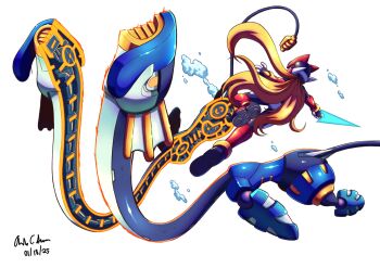 Rule 34 | 1boy, absurdres, armor, battle, blonde hair, character request, commentary, dated, energy sword, english commentary, full body, helmet, highres, holding, holding sword, holding weapon, innovator123, long hair, mega man (series), mega man zero (series), red armor, red helmet, simple background, sword, weapon, white background, zero(z) (mega man), zero (mega man)