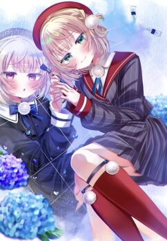2girls art_brush ayaka_071115 beret black_hat black_skirt blonde_hair blue_bow blue_bowtie blue_ribbon blurry blurry_foreground blush bow bowtie braid brown_hair buttons closed_mouth collared_shirt commentary_request depth_of_field dress_shirt flower green_eyes grey_jacket grey_skirt hair_rings hat highres holding holding_hands holding_paintbrush hydrangea indie_virtual_youtuber jacket kneehighs legwear_garter long_sleeves looking_at_viewer miniskirt multiple_girls neck_ribbon paintbrush parted_lips pinstripe_jacket pinstripe_pattern pinstripe_skirt pleated_skirt pom_pom_(clothes) red_eyes red_hat red_sailor_collar red_socks ribbon ringed_eyes sailor_collar school_uniform shigure_ui_(vtuber) shigure_ui_(vtuber)_(1st_costume) shirt short_hair side_braid side_part side_up_ring skirt sleeve_cuffs smile socks swept_bangs triangle_mouth ui_(voisona) virtual_youtuber voisona white_shirt