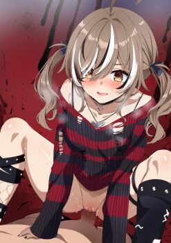 Rule 34 | 1boy, 1girl, ahoge, black choker, black hair, black leg warmers, black sweater, blush, breasts, brown eyes, brown hair, censored, choker, clothed sex, commentary, cowgirl position, emo fashion, english commentary, fuyumi kazuki, girl on top, heart, heart choker, hetero, highres, hololive, hololive english, lace-trimmed choker, lace trim, leg warmers, long hair, medium breasts, mosaic censoring, multicolored hair, nanashi mumei, nanashi mumei (emo), official alternate costume, official alternate hairstyle, penis, pussy, red sweater, sex, solo focus, squatting cowgirl position, straddling, streaked hair, striped clothes, striped sweater, sweat, sweater, torn clothes, torn sweater, two-tone sweater, vaginal, virtual youtuber, white hair