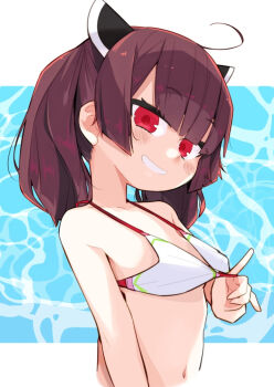 1girl ahoge bikini bikini_pull blush breasts brown_hair clothes_pull commentary grin headgear highres looking_at_viewer red_eyes salamander_(hop-step) sidelocks simple_background small_breasts smile solo swimsuit touhoku_kiritan twintails upper_body voiceroid white_bikini