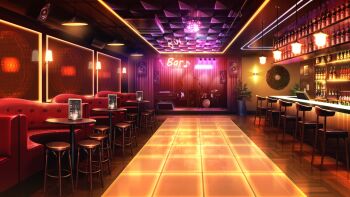 alcohol bar_(place) booth_seating ceiling_light chair disco_ball drum drum_set glass_bottle guitar highres indoors instrument menu microphone_stand no_humans non-web_source official_art our_life:_beginnings_and_always plant potted_plant scenery speaker tile_floor tiles wall_lamp
