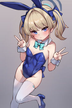 1girl aged_down alternate_breast_size_(smaller) alternate_hairstyle animal_ear_hairband animal_ears blue_archive blue_bow blue_bowtie blue_eyes blue_hair blue_halo blue_leotard blush bow bowtie breasts brown_hair closed_mouth commentary covered_navel detached_collar double_v earrings fake_animal_ears grey_background hair_bow hairband halo hands_up highleg highleg_leotard highres jewelry leotard looking_at_viewer miya_(miyaruta) multicolored_hair official_alternate_costume playboy_bunny rabbit_ear_hairband rabbit_ears short_hair simple_background small_breasts solo strapless strapless_leotard streaked_hair stud_earrings thighhighs toki_(blue_archive) toki_(bunny)_(blue_archive) twintails v white_thighhighs white_wrist_cuffs wrist_cuffs