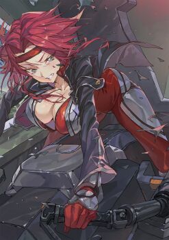1girl absurdres black_jacket blue_eyes bodysuit breasts cleavage clenched_teeth code_geass gloves hair_intakes headband highres hxxg jacket kouzuki_kallen large_breasts long_sleeves looking_away open_bodysuit open_clothes open_jacket red_bodysuit red_gloves red_hair red_headband solo teeth v-shaped_eyebrows