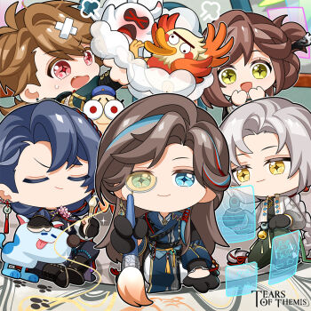 Rule 34 | > <, + +, 1girl, 4boys, :d, artem wing (tears of themis), bell, black gloves, blue eyes, blue hair, braid, brown eyes, brown hair, chibi, closed eyes, closed mouth, commentary, copyright name, crossed bandaids, english commentary, gloves, green pants, grey hair, half gloves, holding, holding paintbrush, holographic interface, jingle bell, long hair, luke pearce (tears of themis), marius von hagen (tears of themis), multiple boys, official art, open mouth, paintbrush, pants, red eyes, rosa (tears of themis), smile, tears of themis, very long hair, vyn richter (tears of themis), yellow eyes