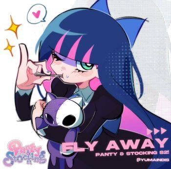 1girl blunt_bangs bow colored_inner_hair cutlery eating gothic_lolita hair_bow heart highres honekoneko_(psg) lolita_fashion multicolored_hair panty_&amp;_stocking_with_garterbelt pink_hair song_name spoken_heart stocking_(psg) stuffed_animal stuffed_cat stuffed_toy yumaindis