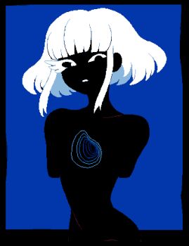 Rule 34 | 1boy, asymmetrical eyes, blue background, colored skin, cowboy shot, curvy, demi (dizzyspells), dizzyspells, eyelashes, feminine, frown, hole, hole in chest, hole on body, looking at viewer, male focus, no arm, no arms, original, short hair, sidelocks