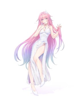 1girl absurdres alternate_costume bare_shoulders blue_hair breasts cleavage commentary cyrene_(honkai:_star_rail) cyrene_(ripples_of_past_reverie)_(honkai:_star_rail) diamond-shaped_pupils diamond_(shape) dress gradient_hair hair_ornament high_heels highres honkai:_star_rail honkai_(series) jewelry large_breasts long_hair looking_at_viewer multicolored_hair necklace nsu1122701 pink_hair pointy_ears purple_eyes simple_background smile solo symbol-only_commentary symbol-shaped_pupils very_long_hair white_background white_dress white_hair