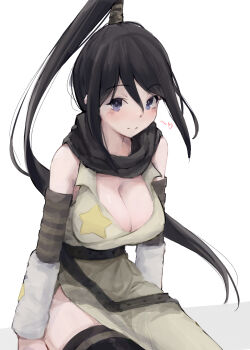 1girl absurdres bare_shoulders belt black_hair black_scarf blue_eyes blush breasts cleavage closed_mouth deko_morii detached_sleeves dress facing_viewer hair_between_eyes hair_tie happy heart high_ponytail highres japanese_clothes large_breasts long_hair looking_at_viewer nakatsukasa_tsubaki ninja ponytail scarf simple_background sitting sleeveless sleeveless_dress solo soul_eater split_mouth star_(symbol) white_background