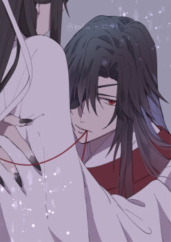 2boys black_hair black_nails chinese_clothes eyepatch fduki_maro fingernails grey_background hair_over_one_eye hair_ribbon hanfu highres hua_cheng hug light_particles long_hair long_sleeves looking_at_viewer male_focus mouth_hold multiple_boys nail_polish one_eye_covered parted_lips red_eyes red_hanfu ribbon sharp_fingernails simple_background solo_focus string string_in_mouth string_of_fate tianguan_cifu twitter_username upper_body white_hanfu white_ribbon xie_lian yuanlingpao