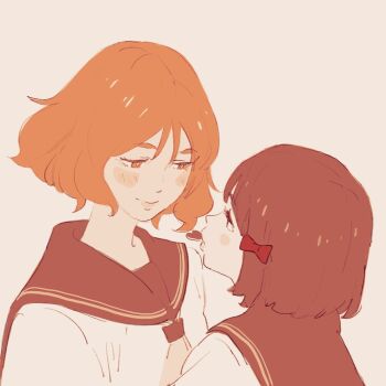 Rule 34 | 2girls, 55bata6rou, blush, bow, brown eyes, brown hair, candy, chocolate, chocolate heart, closed mouth, eye contact, face-to-face, food, hair bow, heart, heart-shaped food, hibike! euphonium, highres, hisaishi kanade, kitauji high school uniform, looking at another, mouth hold, multiple girls, neckerchief, oumae kumiko, red bow, sailor collar, school uniform, shirt, short hair, simple background, smile, upper body, yuri