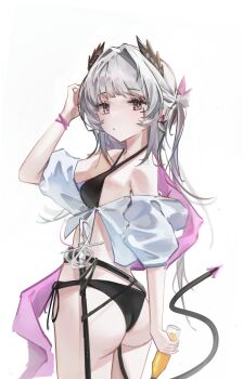 1girl :o absurdres arknights arm_at_side armpit_crease ass belt bikini black_bikini bottle cowboy_shot cross cross_earrings cross_scar earrings expressionless from_behind grey_eyes grey_hair hair_tie halterneck hand_in_own_hair head_wings highres holding holding_bottle irene_(arknights) jewelry long_hair looking_back meihina off_shoulder parted_lips rapier scar scar_across_eye scar_on_face shirt side-tie_bikini_bottom simple_background solo swimsuit swimsuit_cover-up sword tail tied_shirt weapon white_background wings wristband