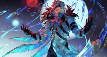 absurdres ascot black_feathers blue_ascot blue_hands chinese_commentary commentary_request covered_eyes dottore_(genshin_impact) dottore_(heretic_of_the_false_moon)_(genshin_impact) earrings eye_mask fatui_coat feathers genshin_impact halo halo_behind_head highres jewelry mask multiple_moons parted_hair single_earring syringe_earrings