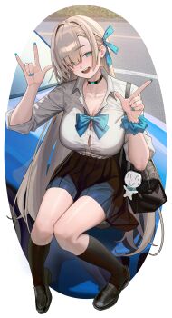 1girl :d \m/ absurdres asuna_(blue_archive) asuna_(school_uniform)_(blue_archive) black_shoes black_socks blonde_hair blue_archive blue_eyes blue_nails blue_skirt breasts car chinese_commentary commentary_request constant_qiu doodle_sensei_(blue_archive) full_body hair_ribbon highres knees_together_feet_apart large_breasts long_hair motor_vehicle on_car open_mouth partial_commentary ribbon scrunchie sensei_(blue_archive) shirt shoes sitting skirt smile socks solo very_long_hair white_shirt wrist_scrunchie