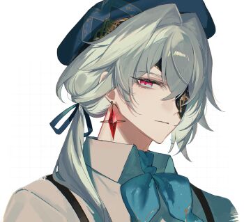 1boy absurdres anaxa_(honkai:_star_rail) anaxa_(ingenuity)_(honkai:_star_rail) apron aqua_eyes aqua_hair blue_hat brown_apron closed_mouth commentary earrings eyepatch gem grey_shirt hair_between_eyes hair_intakes hat highres honkai:_star_rail honkai_(series) jewelry looking_at_viewer male_focus medium_hair multicolored_eyes one_eye_covered pink_eyes pink_pupils red_gemstone shirt side_ponytail simple_background solo two-tone_eyes upper_body white_background zv0301