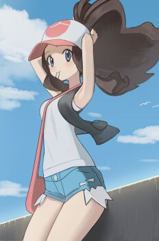 1girl armpits arms_up asamaru1225 bag baseball_cap black_vest blue_eyes blue_shorts blue_sky blush breasts brown_hair closed_mouth cloud cutoffs day denim denim_shorts exposed_pocket hair_tie_in_mouth hat high_ponytail highres hilda_(pokemon) long_hair looking_at_viewer mouth_hold nintendo open_clothes open_vest outdoors pink_bag poke_ball_print pokemon pokemon_black_and_white ponytail shirt shorts sidelocks sky sleeveless sleeveless_shirt solo tying_hair vest white_shirt