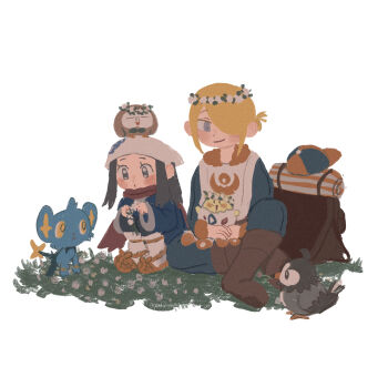 Rule 34 | 1boy, 1girl, akari (pokemon), backpack, bag, black hair, blonde hair, blue jumpsuit, boots, brown bag, brown boots, commentary request, fur-trimmed jumpsuit, fur trim, galaxy expedition team survey corps uniform, gen 2 pokemon, gen 4 pokemon, gen 7 pokemon, grey eyes, hair over eyes, hat, head wreath, headscarf, highres, holding, holding pokemon, jumpsuit, long hair, looking at another, nintendo, on ground, on head, on lap, pokemon, pokemon (creature), pokemon legends: arceus, pokemon on head, pokemon on lap, red scarf, rowlet, sara (yeahx2wowx2), scarf, shinx, starly, togepi, volo (pokemon), white headscarf