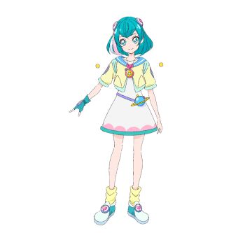 1girl aqua_eyes aqua_gloves aqua_hair aqua_shoes blue_sailor_collar closed_mouth dress fingerless_gloves full_body gloves hagoromo_lala jacket looking_at_viewer multicolored_hair official_art precure sailor_collar second-party_source shoes short_hair smile socks solo standing star_(symbol) star_twinkle_precure streaked_hair tachi-e transparent_background white_dress yellow_jacket yellow_socks